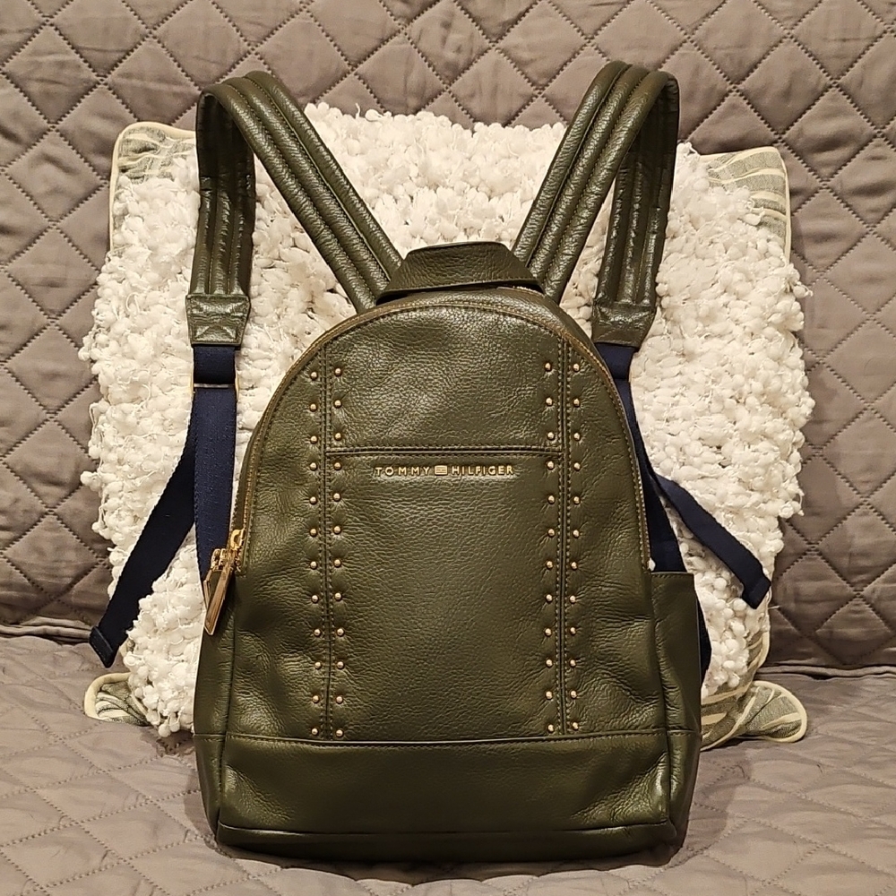 Tommy Hilfiger Olive Green Backpack with Pebbled Leather Finish